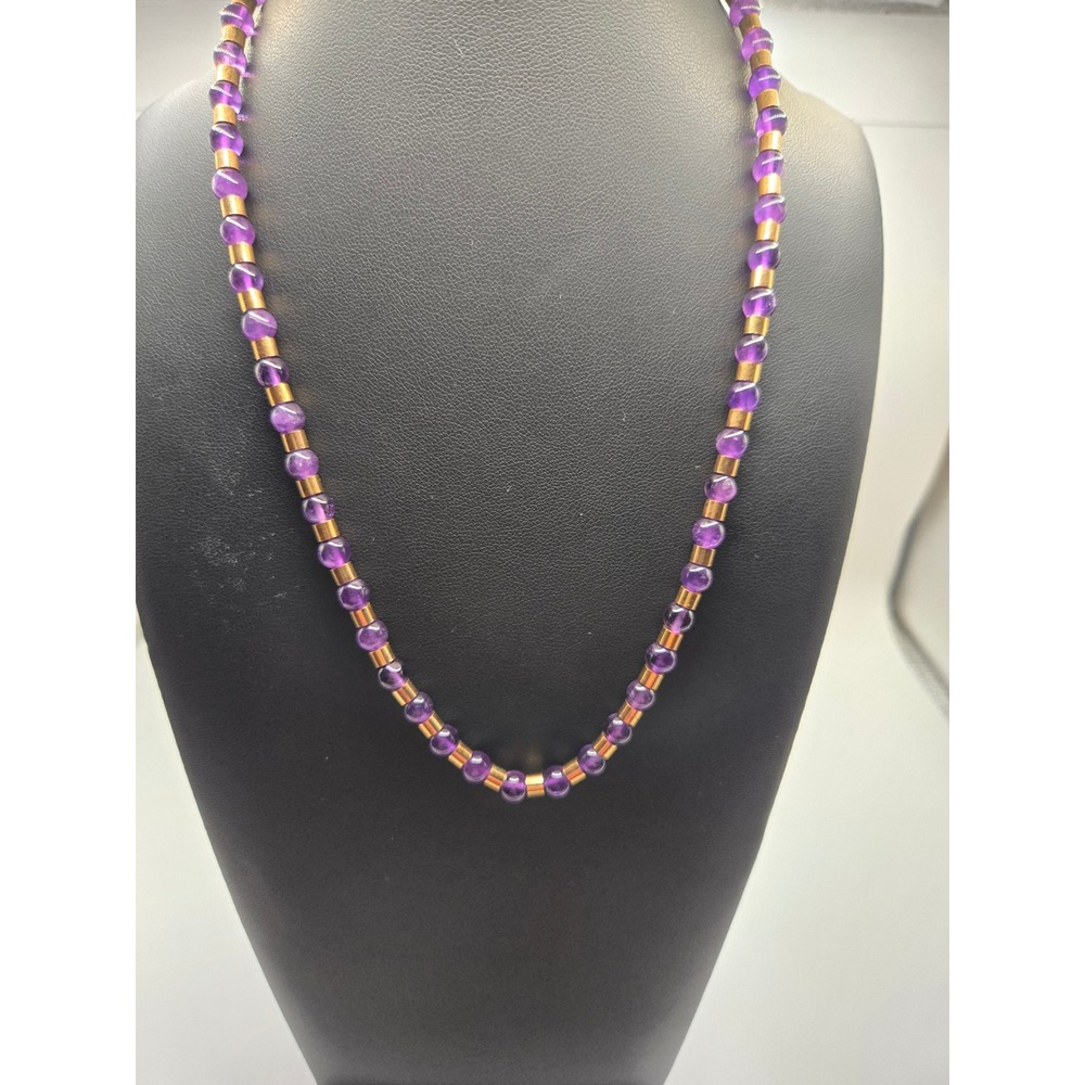 Purple Amethyst Glass Bead Gold Tone Cylinder Spacer Necklace 17 Inch